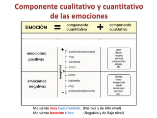 Me siento muy Comprendido. (Positiva y de Alto nivel)
Me siento bastante triste. (Negativa y de Bajo nivel)
 