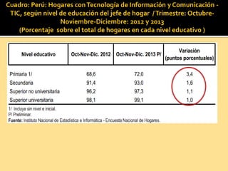 Cuadro: Perú: Hogares conTecnología de Información y Comunicación -
TIC, según nivel de educación del jefe de hogar /Trimestre: Octubre-
Noviembre-Diciembre: 2012 y 2013
(Porcentaje sobre el total de hogares en cada nivel educativo )
 