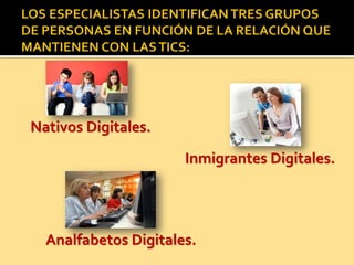 Nativos Digitales.
Inmigrantes Digitales.
Analfabetos Digitales.
 