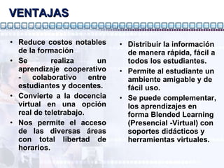 Reduce costos notables de la formación Se realiza un aprendizaje cooperativo - colaborativo entre estudiantes y docentes. Convierte a la docencia virtual en una opción real de teletrabajo. Nos permite el acceso de las diversas áreas con total libertad de horarios. Distribuir la información de manera rápida, fácil a todos los estudiantes. Permite al estudiante un ambiente amigable y de fácil uso. Se puede complementar, los aprendizajes en forma Blended Learning (Presencial -Virtual) con soportes didácticos y herramientas virtuales. VENTAJAS 
