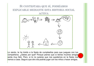 SI CONTESTARA QUE SÍ, PODRÍAMOS
EXPLICARLE MEDIANTE ESTA HISTORIA SOCIAL
ACTIVA

Lo siento, te he traído a la fiesta de cumpleaños para que juegues con tus
compañeros. ¿Sabes por qué? Porque pienso que si tienes muchos amigos
serás muy feliz. Pero, si tú no quieres que nos quedemos en la fiesta nos
iremos a casa. Seguro que otro día podrás jugar con los niños o hacer amigos.

 