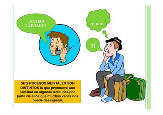 ¿YA HAS
LLEGADO?

…
sí

SUS ROCESOS MENTALES SON
DISTINTOS lo que promueve una
lentitud en algunas actitudes por
parte de ellos que muchas veces nos
puede desesperar.

 