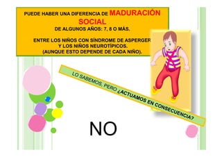 PUEDE HABER UNA DIFERENCIA DE MADURACIÓN

SOCIAL
DE ALGUNOS AÑOS: 7, 8 O MÁS.
ENTRE LOS NIÑOS CON SÍNDROME DE ASPERGER
Y LOS NIÑOS NEUROTÍPICOS.
(AUNQUE ESTO DEPENDE DE CADA NIÑO).

NO

 