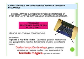 SUPONGAMOS QUE HACE LOS DEBERES PERO SE HA PUESTO A
INSULTARNOS

SI DESCARTAMOS EL ORDENADOR PODEMOS METERNOS EN
OTRO CONFLICTO Y LO CIERTO ES QUE HA HECHO LOS DEBERES.

PERO HA DE
RESPONSABILIZARSE DE SUS
ACTOS ¿CÓMO?
DÁNDOLE A ELEGIR UNA CONSECUENCIA:
Por ejemplo:
Te guardo la Play 1 día o la tele ( Dejémosles que elijan habitualmente
para que aprendan a hacerlo o de lo contrario tal vez no sepan hacerlo
nunca).

Darles la opción de elegir, pero de una manera
controlada por nosotros, muchas veces se convierte en la

fórmula mágica que todo lo soluciona.

 