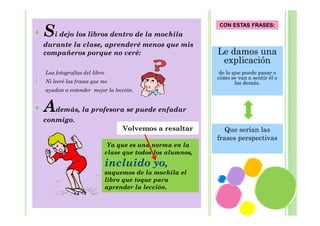 •

Si dejo los libros dentro de la mochila
durante la clase, aprenderé menos que mis
compañeros porque no veré:

1.

Le damos una
explicación
de lo que puede pasar o
cómo se van a sentir él o
los demás.

Las fotografías del libro.

2.

CON ESTAS FRASES:

Ni leeré las frases que me
ayudan a entender mejor la lección.

•

Además, la profesora se puede enfadar
conmigo.
Volvemos a resaltar
Ya que es una norma en la
clase que todos los alumnos,

incluido yo,
saquemos de la mochila el
libro que toque para
aprender la lección.

Que serían las
frases perspectivas

 