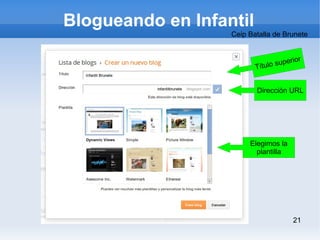 Blogueando en Infantil
                   Ceip Batalla de Brunete


                                     rior
                          Título supe


                          Dirección URL




                        Elegimos la
                          plantilla




                                      21
 