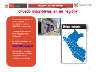 25
• SÍ, en nuestras oficinas de
Enlace Regional te
brindaremos asesoría
GRATUITA para postular.
• También recibiremos tu
Ficha y Expediente de
Postulante.
• LA POSTULACIÓN ES VÍA
PÁGINA WEB
WWW.PRONABEC.GOB.PE
• Puedes ubicar la oficina
más cercana en la página
web del Pronabec:
www.pronabec.gob.pe
 