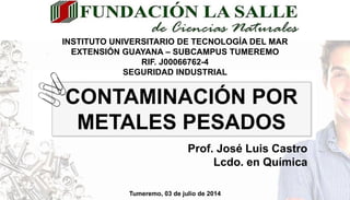 INSTITUTO UNIVERSITARIO DE TECNOLOGÍA DEL MAR
EXTENSIÓN GUAYANA – SUBCAMPUS TUMEREMO
RIF. J00066762-4
SEGURIDAD INDUSTRIAL
Prof. José Luis Castro
Lcdo. en Química
Tumeremo, 03 de julio de 2014
CONTAMINACIÓN POR
METALES PESADOS
 