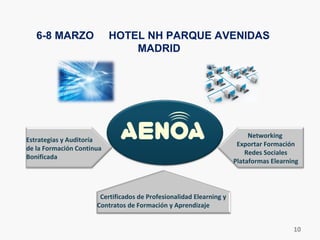6-8 MARZO HOTEL NH PARQUE AVENIDAS
MADRID
Certificados de Profesionalidad Elearning y
Contratos de Formación y Aprendizaje
Estrategias y Auditoría
de la Formación Continua
Bonificada
Networking
Exportar Formación
Redes Sociales
Plataformas Elearning
10