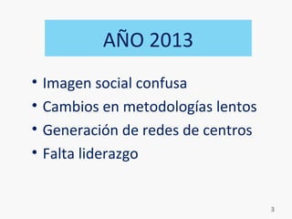 AÑO 2013
• Imagen social confusa
• Cambios en metodologías lentos
• Generación de redes de centros
• Falta liderazgo
3