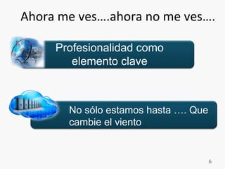 Profesionalidad como
elemento clave
No sólo estamos hasta …. Que
cambie el viento
Ahora me ves….ahora no me ves….
6