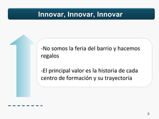 -No somos la feria del barrio y hacemos
regalos
-El principal valor es la historia de cada
centro de formación y su trayectoria
Innovar, Innovar, Innovar
8