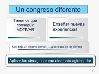 Almacenamiento
dedicado
Un congreso diferente
Aplicar las sinergias como elemento aglutinador
Tenemos que
conseguir
MOTIVAR
Enseñar nuevas
experiencias
Unir bajo un objetivo común…..la seriedad de los centros
9