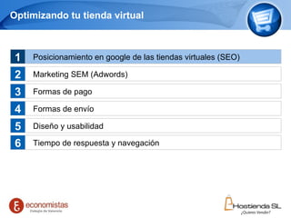 Optimizando tu tienda virtual Page     Posicionamiento en google de las tiendas virtuales (SEO) Marketing SEM (Adwords) Formas de pago Formas de envío Diseño y usabilidad 1 2 3 4 5 Tiempo de respuesta y navegación 6 