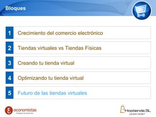 Bloques Página     Crecimiento del comercio electrónico Tiendas virtuales vs Tiendas Físicas Creando tu tienda virtual Optimizando tu tienda virtual Futuro de las tiendas virtuales 1 2 3 4 5 