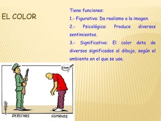 EL COLOR
Tiene funciones:
1.- Figurativa: Da realismo a la imagen.
2.- Psicológica: Produce diversos
sentimientos.
3.- Significativa: El color dota de
diversos significados al dibujo, según el
ambiente en el que se use.
 