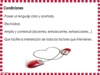 Condiciones

-Poseer un lenguaje claro y acertado.

-Efectividad.

-Amplia y contextual (docentes, extradocentes, extraescolares…)

-Que facilite la interrelación de todos los factores que intervienen.
 