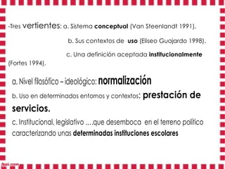 -Tres vertientes: a. Sistema conceptual (Van Steenlandt 1991).

                    b. Sus contextos de uso (Eliseo Guajardo 1998).

                    c. Una definición aceptada institucionalmente
(Fortes 1994).


 a. Nivel filosófico – ideológico: normalización
 b. Uso en determinados entornos y contextos:   prestación de
 servicios.
 c. Institucional, legislativo ….que desemboca en el terreno político
 caracterizando unas determinadas instituciones escolares
 