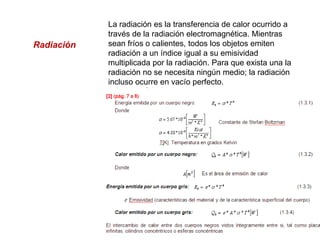 La radiación es la transferencia de calor ocurrido a
            través de la radiación electromagnética. Mientras
Radiación   sean fríos o calientes, todos los objetos emiten
            radiación a un índice igual a su emisividad
            multiplicada por la radiación. Para que exista una la
            radiación no se necesita ningún medio; la radiación
            incluso ocurre en vacío perfecto.
 