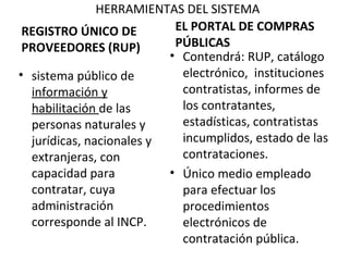 HERRAMIENTAS DEL SISTEMA REGISTRO ÚNICO DE PROVEEDORES (RUP) sistema público de  información y habilitación  de las personas naturales y jurídicas, nacionales y extranjeras, con capacidad para contratar, cuya administración corresponde al INCP.    EL PORTAL DE COMPRAS PÚBLICAS Contendrá: RUP, catálogo electrónico,  instituciones  contratistas, informes de los contratantes, estadísticas, contratistas incumplidos, estado de las contrataciones. Único medio empleado para efectuar los procedimientos electrónicos de contratación pública. 
