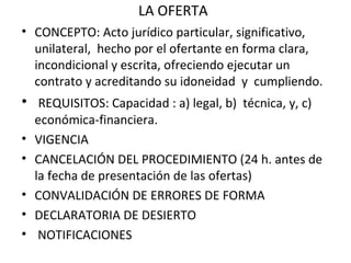 LA OFERTA CONCEPTO: Acto jurídico particular, significativo, unilateral,  hecho por el ofertante en forma clara, incondicional y escrita, ofreciendo ejecutar un contrato y acreditando su idoneidad  y  cumpliendo.  REQUISITOS: Capacidad : a) legal, b)  técnica, y, c) económica-financiera. VIGENCIA CANCELACIÓN DEL PROCEDIMIENTO (24 h. antes de la fecha de presentación de las ofertas) CONVALIDACIÓN DE ERRORES DE FORMA DECLARATORIA DE DESIERTO NOTIFICACIONES 