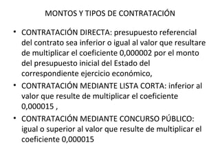 MONTOS Y TIPOS DE CONTRATACIÓN CONTRATACIÓN DIRECTA: presupuesto referencial del contrato sea inferior o igual al valor que resultare de multiplicar el coeficiente 0,000002 por el monto del presupuesto inicial del Estado del correspondiente ejercicio económico,  CONTRATACIÓN MEDIANTE LISTA CORTA: inferior al valor que resulte de multiplicar el coeficiente 0,000015 , CONTRATACIÓN MEDIANTE CONCURSO PÚBLICO: igual o superior al valor que resulte de multiplicar el coeficiente 0,000015  