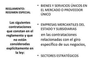 REGLAMENTO: REGIMEN ESPECIAL BIENES Y SERVICIOS ÚNICOS EN EL MERCADO O PROVEEDOR ÚNICO EMPRESAS MERCANTILES DEL ESTADO Y SUBSIDIARIAS en las contrataciones relacionadas con el giro específico de sus negocios,  SECTORES ESTRATÉGICOS Las siguientes contrataciones que constan en el reglamento y que  no están consideradas explícitamente en la ley: 
