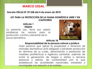 MARCO LEGAL
Gaceta Oficial Nº 39.338 del 4 de enero de 2010
LEY PARA LA PROTECCIÓN DE LA FAUNA DOMÉSTICA LIBRE Y EN
CAUTIVERIO
Artículo 1
Objeto
La presente Ley, tiene por objeto
establecer las normas para la
protección, control y bienestar de la
fauna doméstica.
Artículo 18
Responsabilidad de la persona natural o jurídica
Toda persona que ejerza la propiedad o tenencia de
animales domésticos está obligada a brindarle protección
en términos de su cuido, alimentación y prestación de
medidas profilácticas e higiénico sanitarias, además de
evitar la generación de riesgos o daños a terceras
personas y bienes, de conformidad con lo que
establezcan las autoridades nacionales, estadales y
municipales con relación a la materia.
 