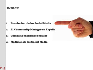 INDICERevolución  de los Social MediaEl Community Manager en EspañaCampaña en medios socialesMedición de los Social Media