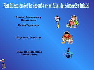Planificación del/la docente en el Nivel de Educación Inicial Diarios, Semanales y Quincenales Planes Especiales Proyectos Integrales Comunitarios Proyectos Didácticos 