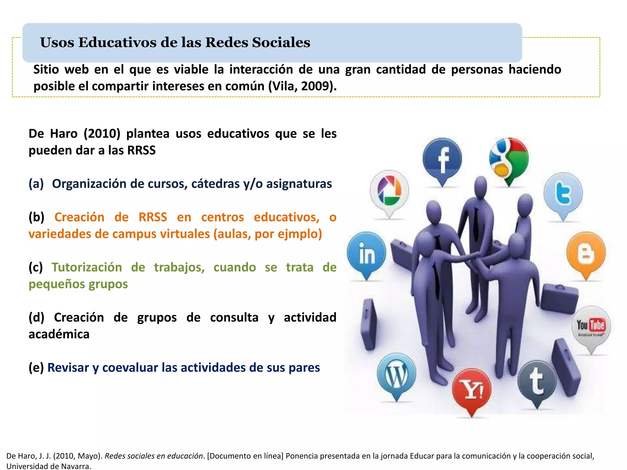 Usos Educativos de las Redes Sociales
Sitio web en el que es viable la interacción de una gran cantidad de personas haciendo
posible el compartir intereses en común (Vila, 2009).
De Haro (2010) plantea usos educativos que se les
pueden dar a las RRSS
(a) Organización de cursos, cátedras y/o asignaturas
(b) Creación de RRSS en centros educativos, o
variedades de campus virtuales (aulas, por ejmplo)
(c) Tutorización de trabajos, cuando se trata de
pequeños grupos
(d) Creación de grupos de consulta y actividad
académica
(e) Revisar y coevaluar las actividades de sus pares
De Haro, J. J. (2010, Mayo). Redes sociales en educación. [Documento en línea] Ponencia presentada en la jornada Educar para la comunicación y la cooperación social,
Universidad de Navarra.
 