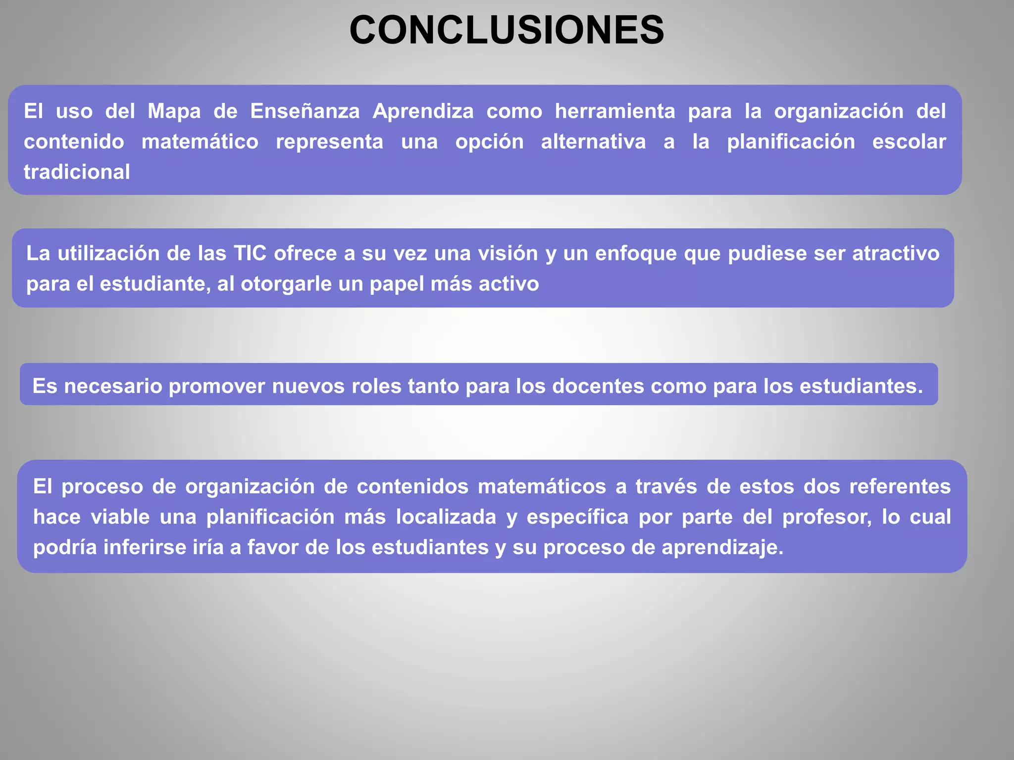 CONCLUSIONES
El uso del Mapa de Enseñanza Aprendiza como herramienta para la organización del
contenido matemático representa una opción alternativa a la planificación escolar
tradicional
La utilización de las TIC ofrece a su vez una visión y un enfoque que pudiese ser atractivo
para el estudiante, al otorgarle un papel más activo
Es necesario promover nuevos roles tanto para los docentes como para los estudiantes.
El proceso de organización de contenidos matemáticos a través de estos dos referentes
hace viable una planificación más localizada y específica por parte del profesor, lo cual
podría inferirse iría a favor de los estudiantes y su proceso de aprendizaje.
 