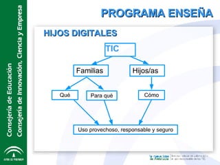 PROGRAMA ENSEÑA HIJOS DIGITALES TIC Familias Hijos/as Cómo Qué Para qué Uso provechoso, responsable y seguro 