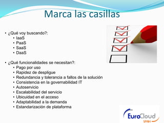 Marca las casillas
• ¿Qué voy buscando?:
    • IaaS
    • PaaS
    • SaaS
    • DaaS

• ¿Qué funcionalidades se necesitan?:
    • Pago por uso
    • Rapidez de despligue
    • Redundancia y tolerancia a fallos de la solución
    • Consistencia en la governabilidad IT
    • Autoservicio
    • Escalabilidad del servicio
    • Ubicuidad en el acceso
    • Adaptabilidad a la demanda
    • Estandarización de plataforma
 