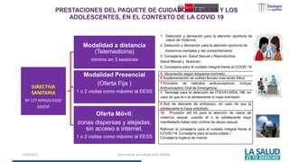 7/03/2022 Documento de trabajo EVAJ-MINSA.
DIRECTIVA
SANITARIA
Nº 127-MINSA/2020/
DGIESP
Modalidad a distancia
(Telemedicina)
mínimo en 3 sesiones
Modalidad Presencial
(Oferta Fija )
1 o 2 visitas como máximo al EESS
Oferta Móvil;
zonas dispersas y alejadas,
sin acceso a internet.
1 o 2 visitas como máximo al EESS
PRESTACIONES DEL PAQUETE DE CUIDADO PARA LAS Y LOS
ADOLESCENTES, EN EL CONTEXTO DE LA COVID 19
1. Detección y derivación para la atención oportuna de
casos de Violencia
2. Detección y derivación para la atención oportuna de
trastornos mentales y del comportamiento
3. Consejería en: Salud Sexual y Reproductiva.
Salud Mental y Nutrición.
4. Consejería para el cuidado integral frente al COVID 19
5. Vacunación según esquema normado.
6.Suplementación de sulfato ferroso más ácido fólico
7.Provisión de métodos anticonceptivos, incluye
Anticonceptivo Oral de Emergencia,
8. Tamizaje para la detección de ITS/VIH-SIDA, HB, en
caso de que el o la adolescente lo haya solicitado
9.Test de descarte de embarazo, en caso de que la
adolescente lo haya solicitado
10. Provisión del kit para la atención de casos de
violencia sexual, cuando el o la adolescente haya
manifestado haber sido víctima de abuso sexual.
Reforzar la consejería para el cuidado integral frente al
COVID-19: Consejería para el autocuidado /
Consejería higiene de manos
 