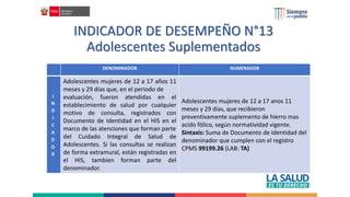 INDICADOR DE DESEMPEÑO N°13
Adolescentes Suplementados
DENOMINADOR NUMERADOR
I
N
D
I
C
A
D
O
R
Adolescentes mujeres de 12 a 17 años 11
meses y 29 días que, en el periodo de
evaluación, fueron atendidas en el
establecimiento de salud por cualquier
motivo de consulta, registrados con
Documento de Identidad en el HIS en el
marco de las atenciones que forman parte
del Cuidado Integral de Salud de
Adolescentes. Si las consultas se realizan
de forma extramural, están registradas en
el HIS, tambien forman parte del
denominador.
Adolescentes mujeres de 12 a 17 anos 11
meses y 29 días, que recibieron
preventivamente suplemento de hierro mas
acido fólico, según normatividad vigente.
Sintaxis: Suma de Documento de Identidad del
denominador que cumplen con el registro
CPMS 99199.26 (LAB: TA)
 