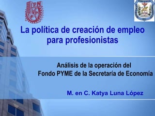 La política de creación de empleo
        para profesionistas

          Análisis de la operación del
    Fondo PYME de la Secretaría de Economía

             M. en C. Katya Luna López
 