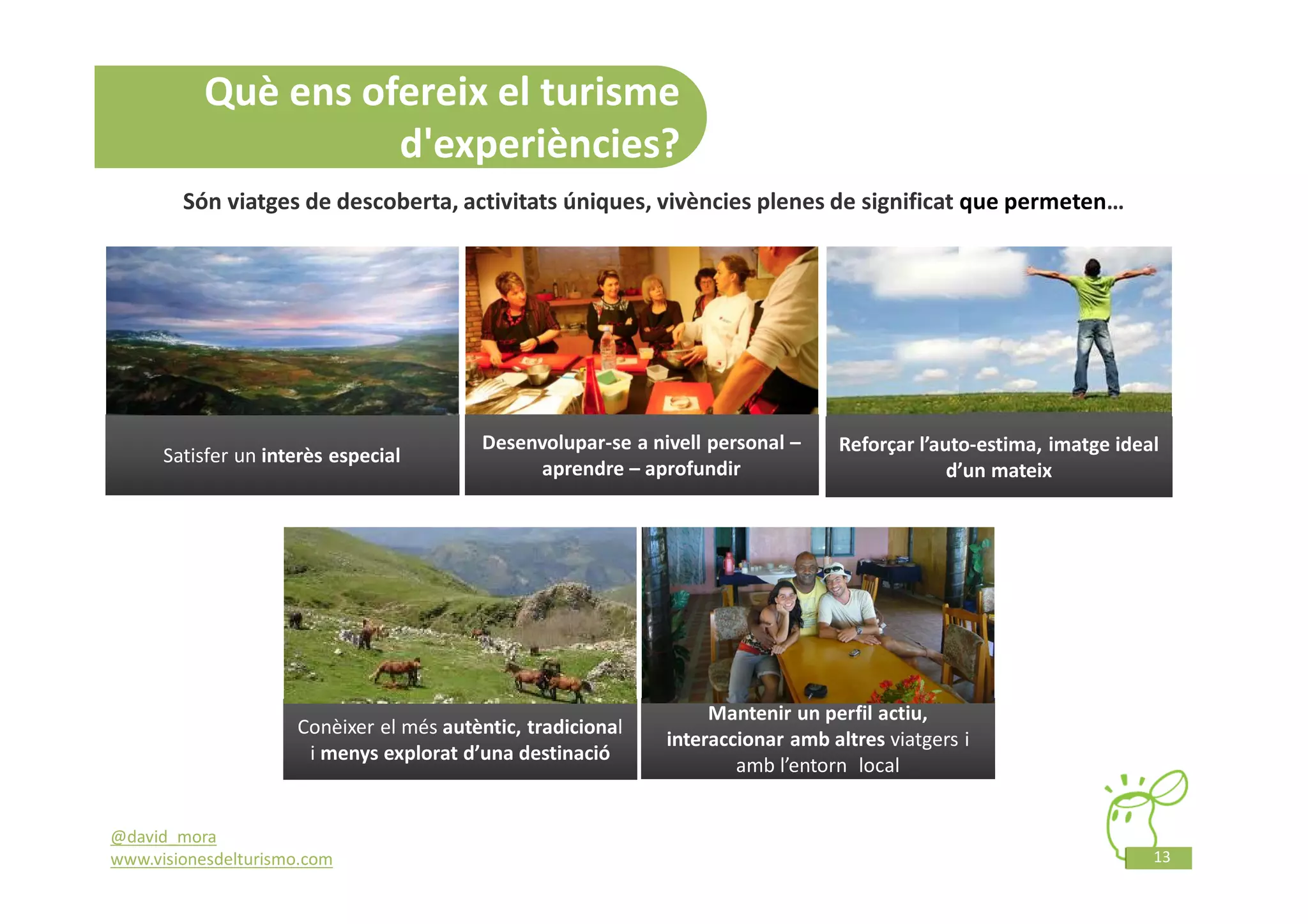 Què ens ofereix el turisme
                    d'experiències?
        Són viatges de descoberta, activitats úniques, vivències plenes de significat que permeten…




                                         Desenvolupar-se a nivell personal –    Reforçar l’auto-estima, imatge ideal
      Satisfer un interès especial
                                              aprendre – aprofundir                          d’un mateix




                                                                  Mantenir un perfil actiu,
                     Conèixer el més autèntic, tradicional
                                                             interaccionar amb altres viatgers i
                      i menys explorat d’una destinació
                                                                     amb l’entorn local


@david_mora
www.visionesdelturismo.com                                                                                         13
 