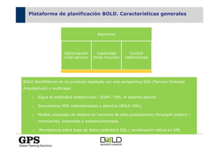 Plataforma de planificación BOLD. Características generales



                                        Algoritmo




                     Optimización        Capacidad         Control
                     nivel servicio   finita recursos   restricciones




BOLD WorkPlanner es un producto diseñado con una perspectiva SOA (Service Oriented
Arquitecture) y multicapa:

       Sigue el estándard webservices / SOAP / XML       sistema abierto.

       Documentos XML estandarizados y abiertos (BOLD XML).

       Modelo avanzado de objetos en memoria de altas prestaciones (flyweight pattern /
       memcaché), extensible y autodocumentado.

        Persistencia sobre base de datos estándard SQL / serialización nativa en XML


                                               3
 