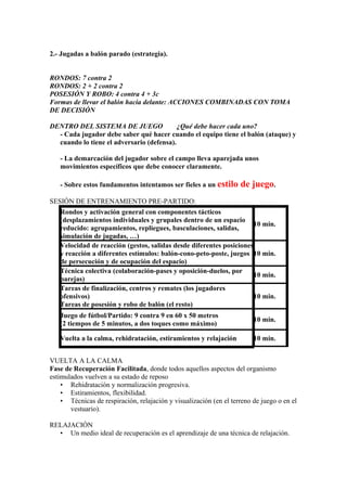 2.- Jugadas a balón parado (estrategia).
RONDOS: 7 contra 2
RONDOS: 2 + 2 contra 2
POSESIÓN Y ROBO: 4 contra 4 + 3c
Formas de llevar el balón hacia delante: ACCIONES COMBINADAS CON TOMA
DE DECISIÓN
DENTRO DEL SISTEMA DE JUEGO ¿Qué debe hacer cada uno?
- Cada jugador debe saber qué hacer cuando el equipo tiene el balón (ataque) y
cuando lo tiene el adversario (defensa).
- La demarcación del jugador sobre el campo lleva aparejada unos
movimientos específicos que debe conocer claramente.
- Sobre estos fundamentos intentamos ser fieles a un estilo de juego.
SESIÓN DE ENTRENAMIENTO PRE-PARTIDO:
Rondos y activación general con componentes tácticos
(desplazamientos individuales y grupales dentro de un espacio
reducido: agrupamientos, repliegues, basculaciones, salidas,
simulación de jugadas, …)
10 min.
Velocidad de reacción (gestos, salidas desde diferentes posiciones
y reacción a diferentes estímulos: balón-cono-peto-poste, juegos
de persecución y de ocupación del espacio)
10 min.
Técnica colectiva (colaboración-pases y oposición-duelos, por
parejas)
10 min.
Tareas de finalización, centros y remates (los jugadores
ofensivos)
Tareas de posesión y robo de balón (el resto)
10 min.
Juego de fútbol/Partido: 9 contra 9 en 60 x 50 metros
(2 tiempos de 5 minutos, a dos toques como máximo)
10 min.
Vuelta a la calma, rehidratación, estiramientos y relajación 10 min.
VUELTA A LA CALMA
Fase de Recuperación Facilitada, donde todos aquellos aspectos del organismo
estimulados vuelven a su estado de reposo
• Rehidratación y normalización progresiva.
• Estiramientos, flexibilidad.
• Técnicas de respiración, relajación y visualización (en el terreno de juego o en el
vestuario).
RELAJACIÓN
• Un medio ideal de recuperación es el aprendizaje de una técnica de relajación.
 