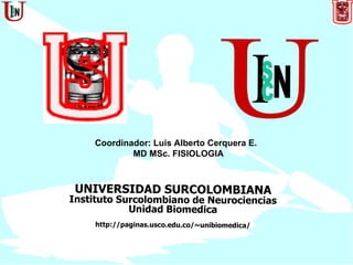 UNIVERSIDAD SURCOLOMBIANA Instituto Surcolombiano de Neurociencias Unidad Biomedica http://paginas.usco.edu.co/~unibiomedica/ Coordinador: Luis Alberto Cerquera E.  MD MSc. FISIOLOGIA I S C N U 