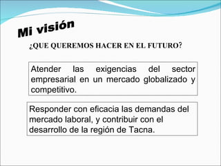 Mi visión ¿QUE QUEREMOS HACER EN EL FUTURO? Atender las exigencias del sector empresarial en un mercado globalizado y competitivo.  Responder con eficacia las demandas del  mercado laboral, y contribuir con el desarrollo de la región de Tacna. 