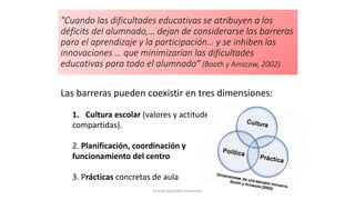 "Cuando las dificultades educativas se atribuyen a los
déficits del alumnado,… dejan de considerarse las barreras
para el aprendizaje y la participación… y se inhiben las
innovaciones … que minimizarían las dificultades
educativas para todo el alumnado“ (Booth y Ainscow, 2002)
Las barreras pueden coexistir en tres dimensiones:
1. Cultura escolar (valores y actitudes
compartidas).
2. Planificación, coordinación y
funcionamiento del centro
3. Prácticas concretas de aula
Teresa Izquierdo Fernández
 