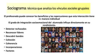Sociograma: técnica que analiza los vínculos sociales grupales
El profesorado puede conocer los beneficios y las repercusiones que esta interacción tiene
de manera individual
El grado de integración socioemocional del alumnado influye directamente en su
rendimiento.
• Detectar rechazados
• Reconocer líderes
• Descubrir bandos
• Cohesión
• Coherencia
• Incorporaciones
• Factores
Teresa Izquierdo Fernández
 