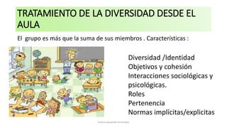 TRATAMIENTO DE LA DIVERSIDAD DESDE EL
AULA
El grupo es más que la suma de sus miembros . Características :
Diversidad /Identidad
Objetivos y cohesión
Interacciones sociológicas y
psicológicas.
Roles
Pertenencia
Normas implícitas/explicitas
Teresa Izquierdo Fernández
 