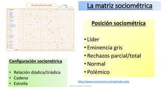 La matriz sociométrica
Posición sociométrica
• Líder
• Eminencia gris
• Rechazos parcial/total
• Normal
• Polémico
Configuración sociométrica
• Relación diádica/triádica
• Cadena
• Estrella
http://www.sociometry.ru/eng/index.php
Teresa Izquierdo Fernández
 