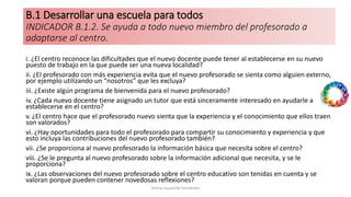 B.1 Desarrollar una escuela para todos
INDICADOR B.1.2. Se ayuda a todo nuevo miembro del profesorado a
adaptarse al centro.
i. ¿El centro reconoce las dificultades que el nuevo docente puede tener al establecerse en su nuevo
puesto de trabajo en la que puede ser una nueva localidad?
ii. ¿El profesorado con más experiencia evita que el nuevo profesorado se sienta como alguien externo,
por ejemplo utilizando un “nosotros” que les excluya?
iii. ¿Existe algún programa de bienvenida para el nuevo profesorado?
iv. ¿Cada nuevo docente tiene asignado un tutor que está sinceramente interesado en ayudarle a
establecerse en el centro?
v. ¿El centro hace que el profesorado nuevo sienta que la experiencia y el conocimiento que ellos traen
son valorados?
vi. ¿Hay oportunidades para todo el profesorado para compartir su conocimiento y experiencia y que
esto incluya las contribuciones del nuevo profesorado también?
vii. ¿Se proporciona al nuevo profesorado la información básica que necesita sobre el centro?
viii. ¿Se le pregunta al nuevo profesorado sobre la información adicional que necesita, y se le
proporciona?
ix. ¿Las observaciones del nuevo profesorado sobre el centro educativo son tenidas en cuenta y se
valoran porque pueden contener novedosas reflexiones?
Teresa Izquierdo Fernández
 
