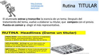 Rutina TITULAR
El alumnado extrae y transcribe la esencia de un tema. Después del
tratamiento del tema, vuelve a elaborar su titular, que compara con el previo.
Puesta en común y elegir el más representativo.
Teresa Izquierdo Fernández
http://rutinasy
metodologia.blo
gspot.com/
 