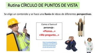 Rutina CÍRCULO DE PUNTOS DE VISTA
Se elige un contenido y se hace una lluvia de ideas de diferentes perspectivas.
Como si fuera el
personaje :
«Pienso…»
«Me pregunto…»
Teresa Izquierdo Fernández
http://ricardopadillagarci
a.blogspot.com/2017/12/
rutina-de-pensamiento-
circulo-de-puntos.html
 