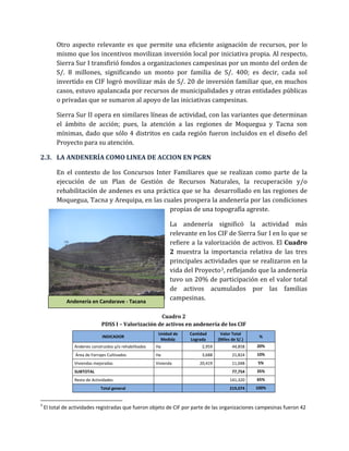Otro aspecto relevante es que permite una eficiente asignación de recursos, por lo
mismo que los incentivos movilizan inversión local por iniciativa propia. Al respecto,
Sierra Sur I transfirió fondos a organizaciones campesinas por un monto del orden de
S/. 8 millones, significando un monto por familia de S/. 400; es decir, cada sol
invertido en CIF logró movilizar más de S/. 20 de inversión familiar que, en muchos
casos, estuvo apalancada por recursos de municipalidades y otras entidades públicas
o privadas que se sumaron al apoyo de las iniciativas campesinas.
Sierra Sur II opera en similares líneas de actividad, con las variantes que determinan
el ámbito de acción; pues, la atención a las regiones de Moquegua y Tacna son
mínimas, dado que sólo 4 distritos en cada región fueron incluidos en el diseño del
Proyecto para su atención.
2.3. LA ANDENERÍA COMO LINEA DE ACCION EN PGRN
En el contexto de los Concursos Inter Familiares que se realizan como parte de la
ejecución de un Plan de Gestión de Recursos Naturales, la recuperación y/o
rehabilitación de andenes es una práctica que se ha desarrollado en las regiones de
Moquegua, Tacna y Arequipa, en las cuales prospera la andenería por las condiciones
propias de una topografía agreste.
La andenería significó la actividad más
relevante en los CIF de Sierra Sur I en lo que se
refiere a la valorización de activos. El Cuadro
2 muestra la importancia relativa de las tres
principales actividades que se realizaron en la
vida del Proyecto3, reflejando que la andenería
tuvo un 20% de participación en el valor total
de activos acumulados por las familias
campesinas.
Cuadro 2
PDSS I – Valorización de activos en andenería de los CIF
INDICADOR
Unidad de
Medida
Cantidad
Lograda
Valor Total
(Miles de S/.)
%
Andenes construidos y/o rehabilitados Ha 2,959 44,858 20%
Área de Forrajes Cultivados Ha 3,688 21,824 10%
Viviendas mejoradas Vivienda 20,419 11,048 5%
SUBTOTAL 77,754 35%
Resto de Actividades 141,320 65%
Total general 219,074 100%
3
El total de actividades registradas que fueron objeto de CIF por parte de las organizaciones campesinas fueron 42
Andenería en Candarave - Tacana
 